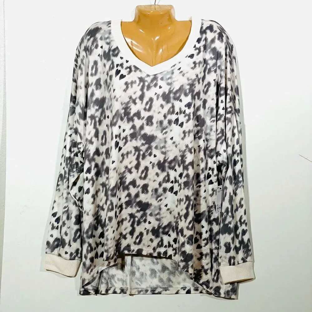 NWT Plus Size 3X Sonoma 2,Pc V-Neck Pajama Top & Pants Sleep Set Gray Leopard